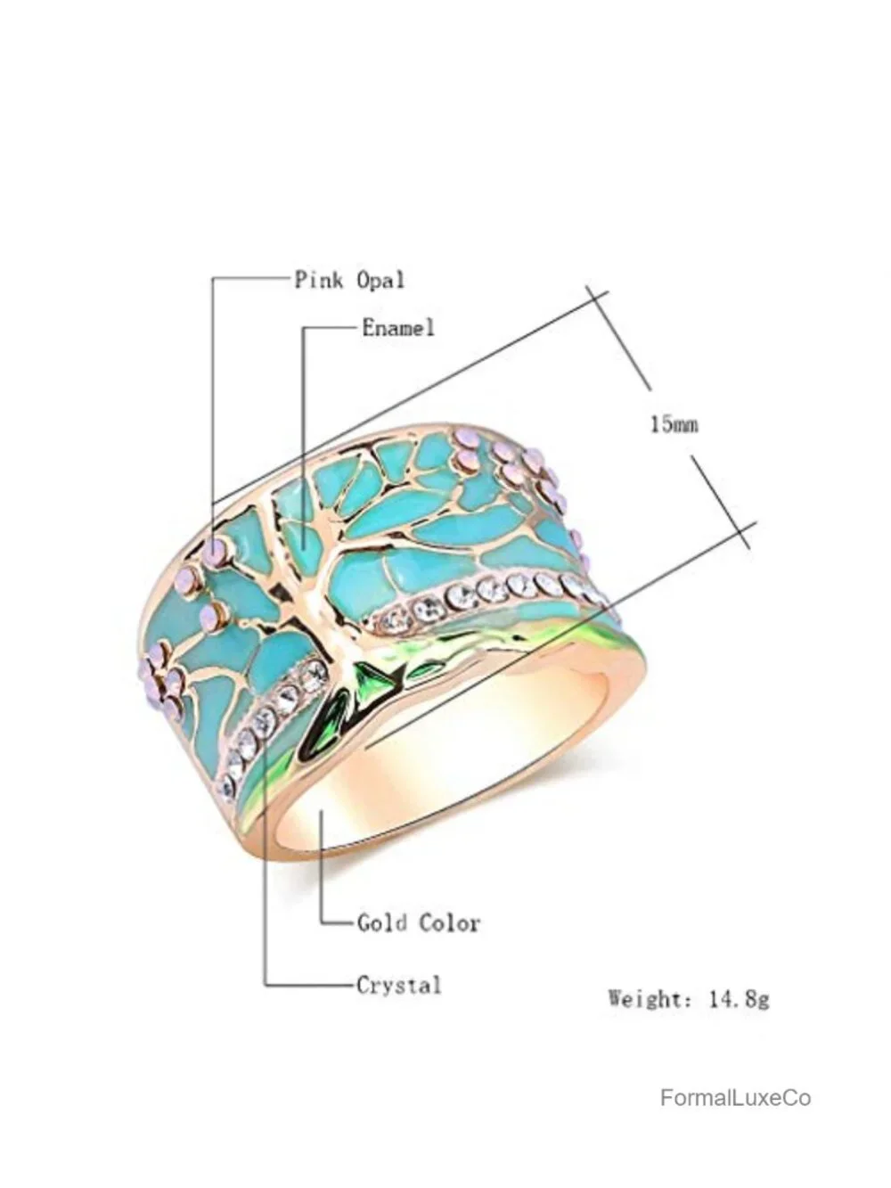 Tree of Life Ring with Pink Flower Opal Enamel Wide Band Vintage